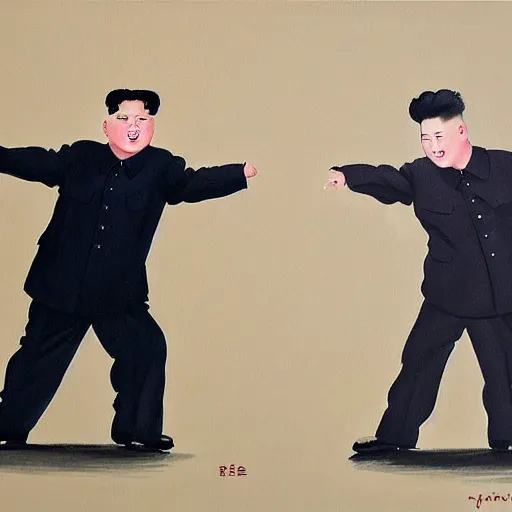 Prompt: kim jong un as k - pop idol dancing on the south korean k - pop stage, painting by john foster