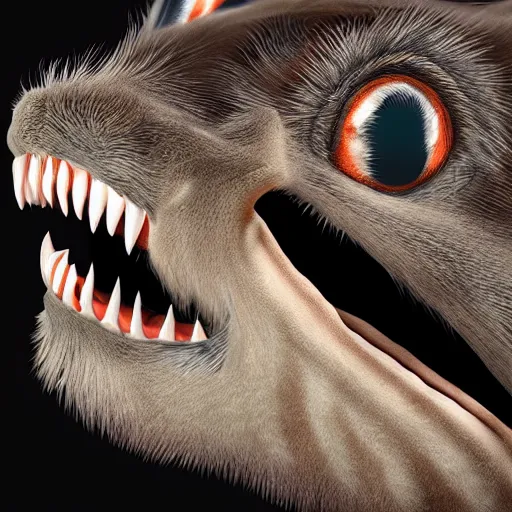 Image similar to “an upclose image of snake fangs biting into rabbit fur, unreal engine, hyper realism, 4K concept art”