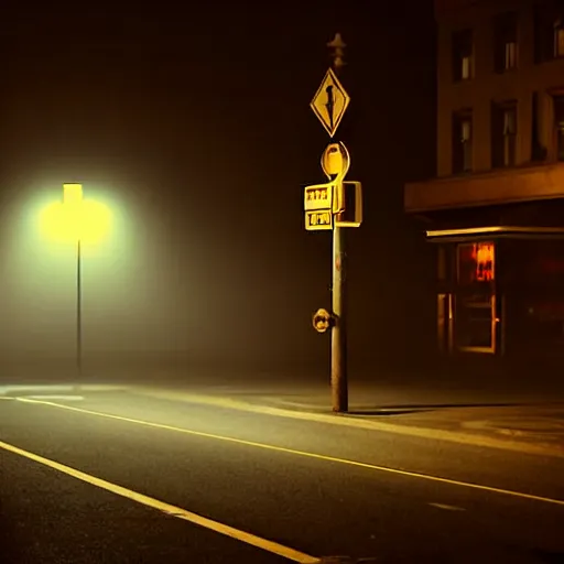 Prompt: A stunningly beautiful award-winning 8K high angle cinematic movie photograph of a foggy intersection in an abandoned 1950s small town at night, by Edward Hopper and David Fincher, cinematic lighting, perfect composition, moody low key volumetric light.