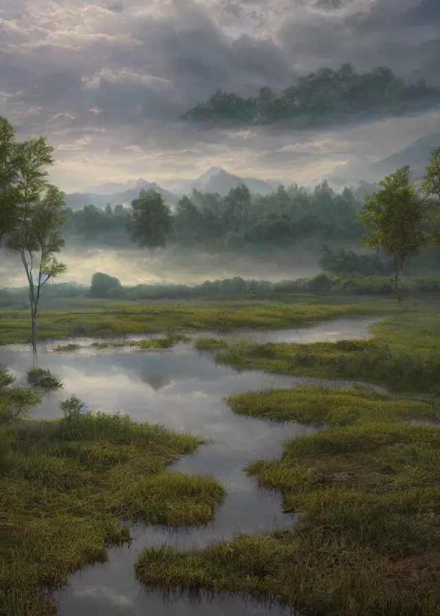 Prompt: river delta, floodplains, still pond, extremely detailed oil painting, unreal 5 render, digital art, landscape painting, octane render, beautiful composition, trending on artstation, award winning photograph, masterpiece