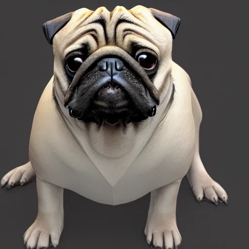 Image similar to 3 d rendered hyper realistic hyper detailed pug wearing a shiny leather gimp mask with zippers, octane render, blender, 8 k