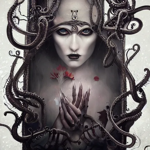 Prompt: curiosities carnival in wonderland, soft paint of a single elegant goth sorceress in a full long dress, symmetry accurate features, horror, tentacles, darkness, fog, focus, madness, insanity, very intricate ultrafine details, award winning masterpiece, tom bagshaw artstyle