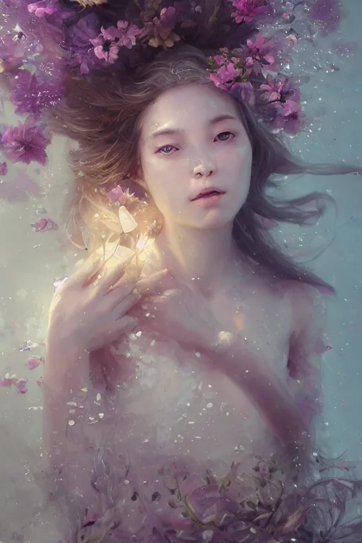 Image similar to face closeup a young beautiful girl drowned in water exploding into flowers, wearing crystal white feathers, 3 d render, hyper realistic detailed portrait, holding magic flowers, ruan jia, wlop. scifi, fantasy, hyper detailed, octane render, concept art, by peter mohrbacher, by wlop, by ruan jia