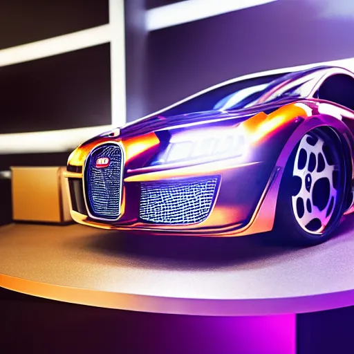 Prompt: award winning product photography, 3 5 mm lens, of a glossy orange metallic and shiny purple metallic shiny ergonomic hololens as off bugatti cheyvron, holographic display lenses, studio lighting,