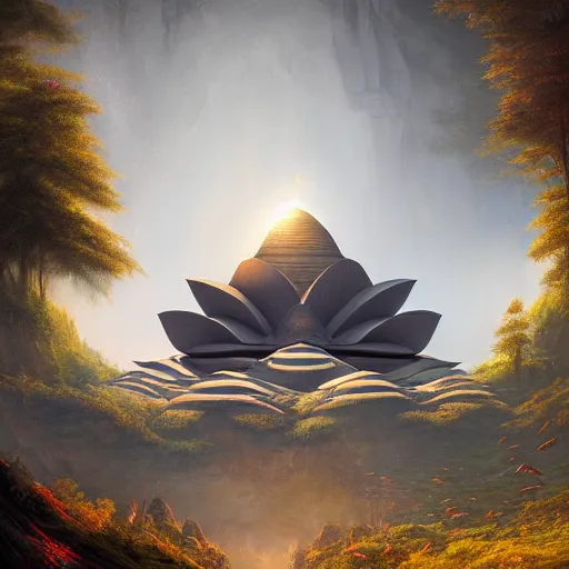 Prompt: A beautiful hyper realistic detailed matte painting of a lotus shaped temple nestled in forest mountains by John Howe and Albert Bierstadt and Alena Aenami and dan mumford and dave noton, unreal engine, trending on behance