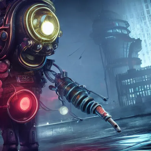 Image similar to isaac clarke as a bioshock big daddy, unreal engine 5, bioshock deadspace, high detail 3 d render,