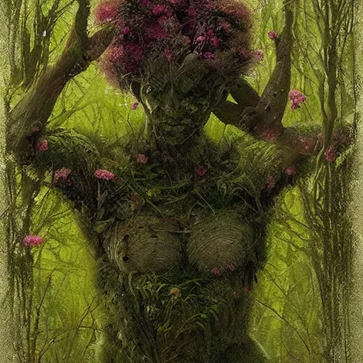 Image similar to a beautiful humanoid monster made out of moss and flowers. ethereal fantasy art by greg rutkowski