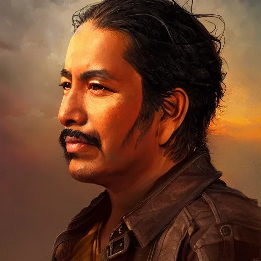 Prompt: portrait of a mexican man ( 3 5 ) from mexico in 2 0 2 1, an oil painting by ross tran and thomas kincade