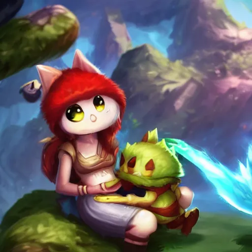 Image similar to league of legends teemo holds yuumi by her scruff, league of legends splash art