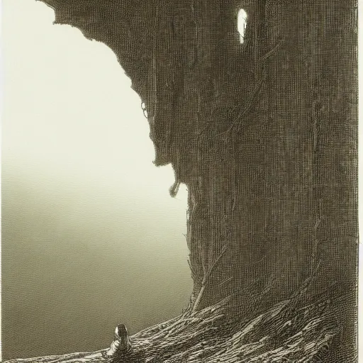 Image similar to A lonely woman, distant city, forest, cliff, illustration by Paul Gustave Doré