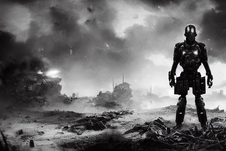 Prompt: still photo of a iron tech age war man looking at the camera in a battlefield, black and white color aesthetic, highly detailed, photorealistic portrait, bright studio setting, studio lighting, crisp quality and light reflections, unreal engine 5 quality render