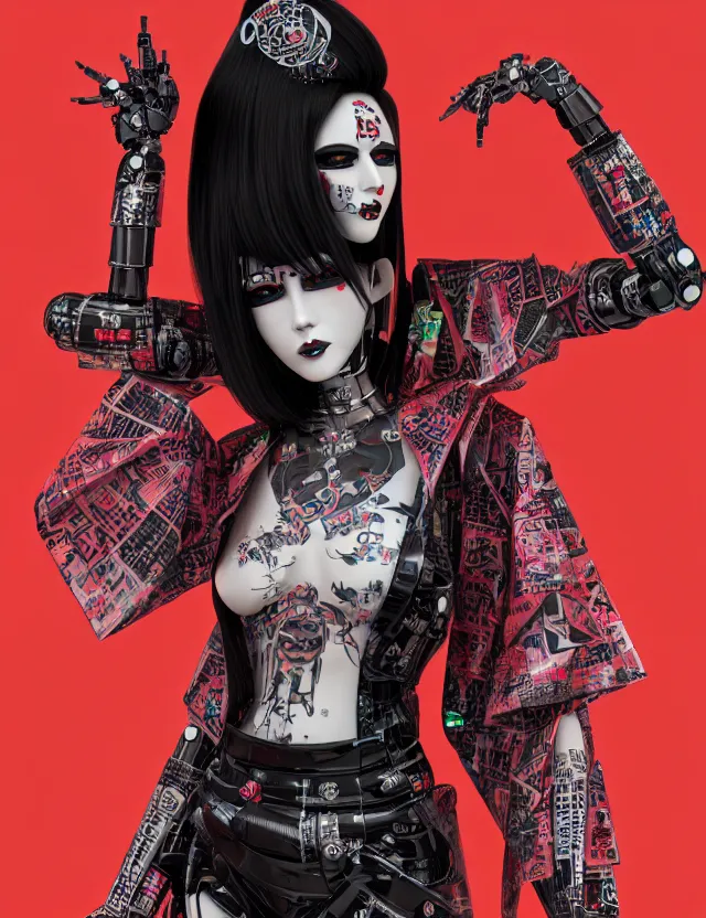 Image similar to full body portrait of a gothic style punk geisha robot with kanji tattoos and decals wearing a digital pixelated kimono, intricate design, photo - realistic, octane render, ultra fine detailed, character design, trending on artstation