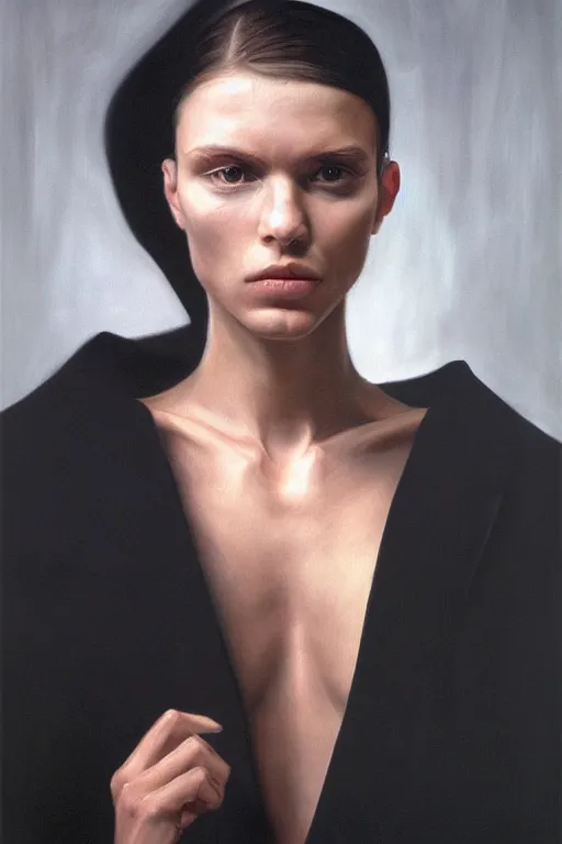 Prompt: hyperrealism oil painting, long view portrait, fashion model, black robe in complete darkness, soft light, in style of classicism mixed with 8 0 s sci - fi hyperrealism