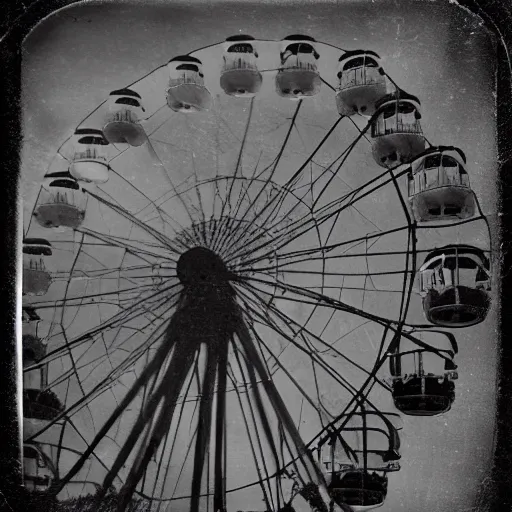 Image similar to tintype photo, Ferris wheel, a squid, underwater, jellyfish