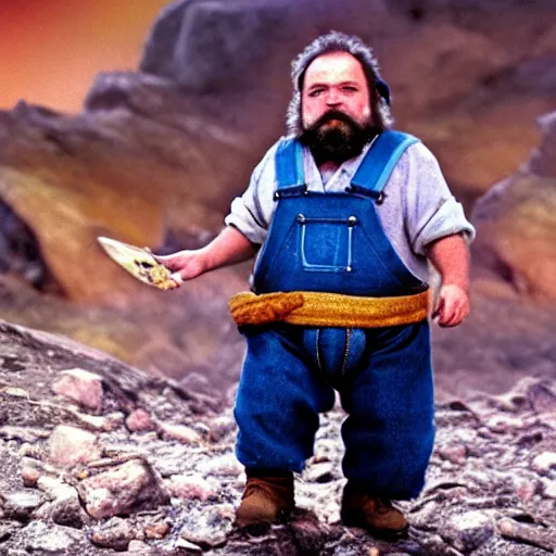 Image similar to a pudgy dwarf wearing blue overalls with full beard and a pocketful of gems holding a pickax, high resolution film still, HDR color, movie by Wolfgang Petersen and Peter Jackson