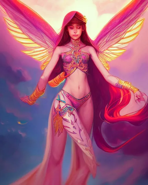 Image similar to 3 / 4 view of an arab girl with wings, confident pose, pixie character, video game genshin impact, intricate, elegant, sharp focus, illustration, bright colors, concept art, matte, magali villeneuve, artgerm, anime, trending on artstation