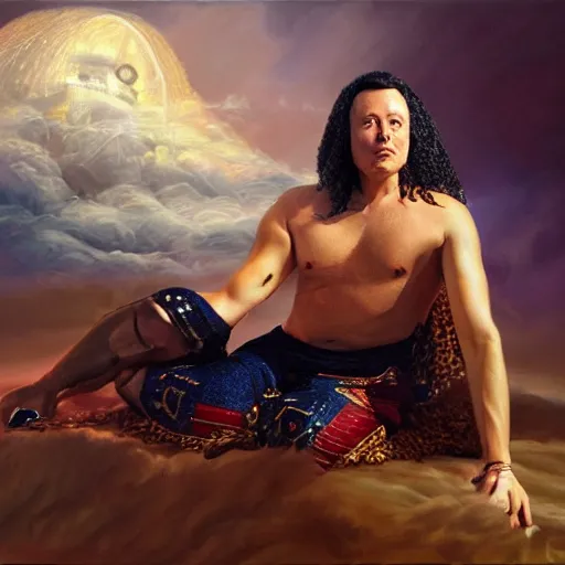 Image similar to Oil Painting of Elon Musk as Cleopatra, sitting on a cloud, ethereal, concept art, hyper realism, sharp focus