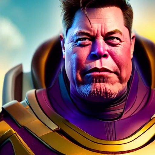 Image similar to a portrait of angry elon musk as thanos, the pixar adaptation, with same hairstyle, hyper detailed, digital art, trending in artstation, cinematic lighting, studio quality, smooth render, unreal engine 5 rendered, octane rendered