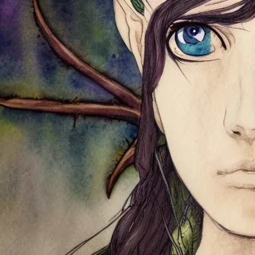 Prompt: A watercolor portrait of an archfey, 4k, in the style of Berserk, trending on artstation, tasteful, bokeh, hyperrealistic, highly detailed, good proportions