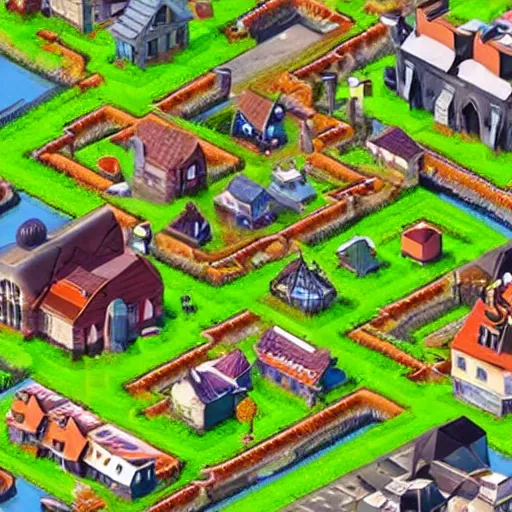 Prompt: top-down 3D video game about a german town being flooded, isometric view, unreal engine, gameplay footage, rasterisation engine, mobile game