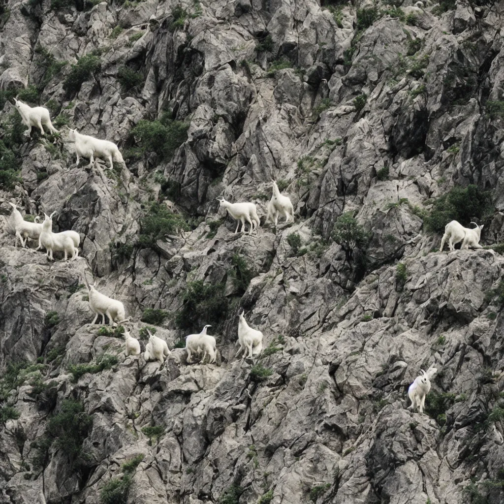 Image similar to mountain goats on a sheer cliffside, dr. suess