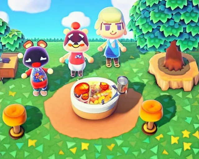 Prompt: animal crossing summer barbecue, hamburgers, sylvain sarrailh