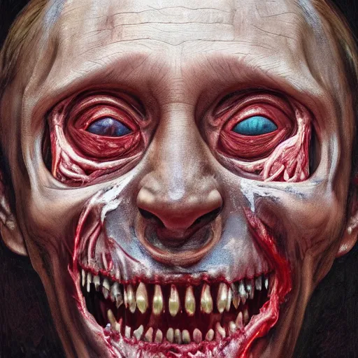 Image similar to a portrait of vladimir putin's, flesh eating worms, macabre, horror saw teeth, horror rotten teeth, peeling face skin, by donato giancola and greg rutkowski and wayne barlow and zdzisław beksinski, realistic face, visible face, digital art, artstation, symmetry