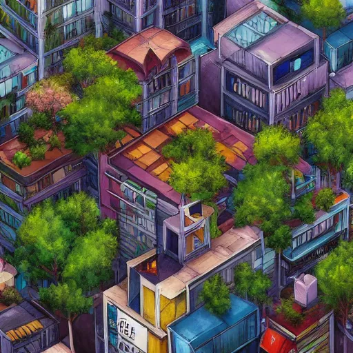 Prompt: dense cityblock, ground level shops, residential apartments, rooftop garden. rainy atmosphere, colorful. sharp focus, smooth, hd, detailed, digital painting trending on art station, studio ghibli.