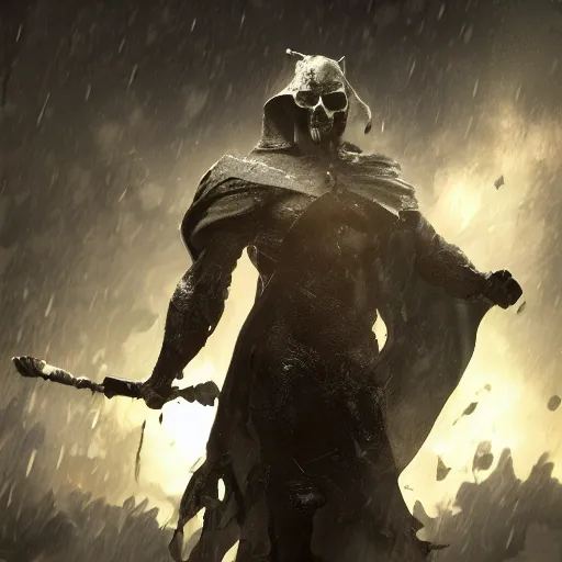 Image similar to a hero with a cape holding a skull during a blizzard in a city, award winning, trending on artstation, unreal engine