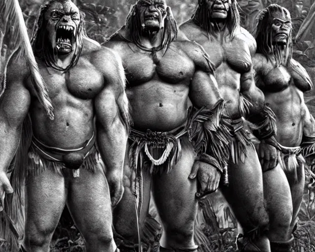 Image similar to hyper realistic group vintage photograph of a live action warcraft orc warrior tribe in the jungle, tall, hulk like physique, detailed faces, tribal paint, tribal armor, grain, old, monochrome, sepia toned, realistic lighting, wide angle