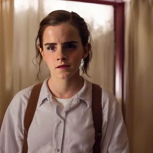 Prompt: an movie still of Emma Watson as eleven in stranger things, close up, high details,