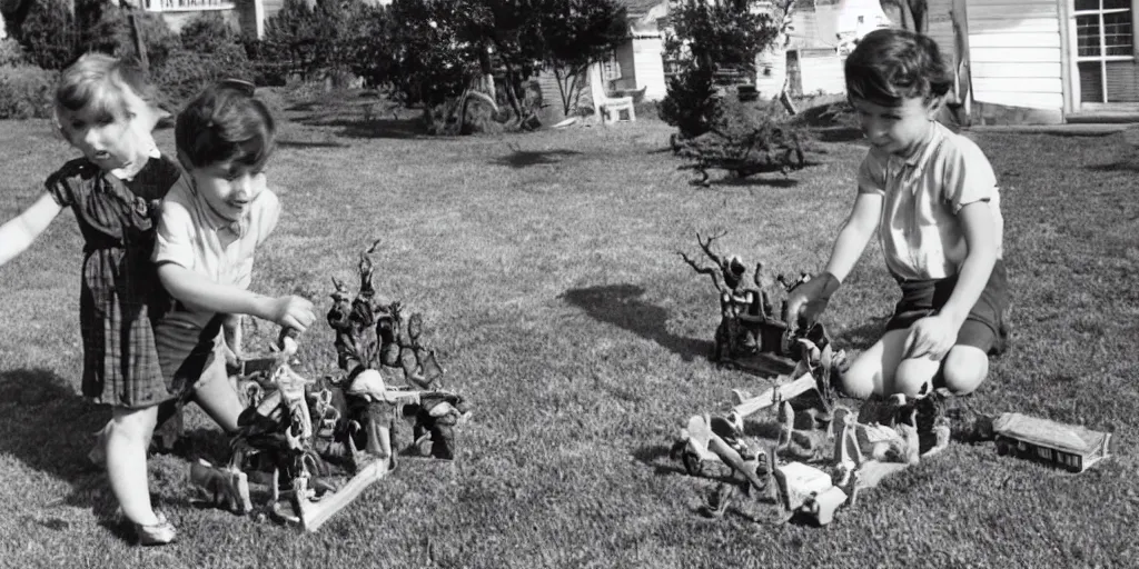 Prompt: two kids playing with lovecraftian toy in their front yard, 1 9 5 0 s picture