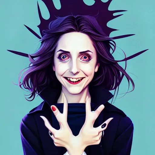 Image similar to loish, artgerm, Joshua Middleton art, pretty female Alison Brie serial killer holding bloody knife in right hand five fingers, blood on clothes and face, sarcastic smile, symmetrical eyes, symmetrical face, full body, jean jacket, jeans, short blonde hair, middle shot, night time, deep blacks