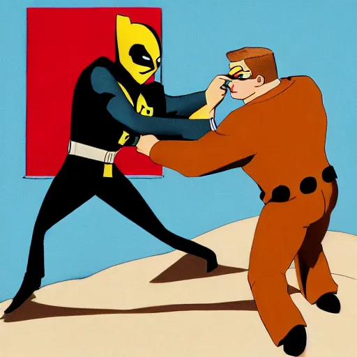 Image similar to brown suitcase containing domino superhero mask being opened by a ginger caucasian male in a brown suit, bruce timm artstyle, colorful, somber