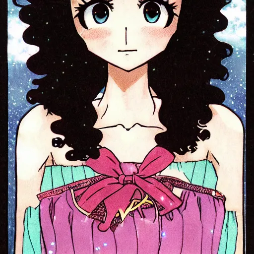 Image similar to a shoujo manga cover with a girl with big sparkly eyes and brown curly hair, in the style of naoko takeuchi ( 1 9 8 0 s )