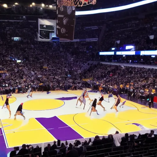 Prompt: Whales playing basketball in at the Lakers arena