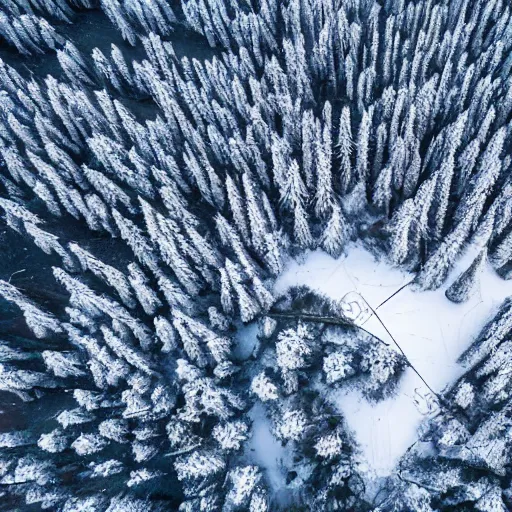 Image similar to sattelite image of snow from 150 meters height, some cutted trees and frozen trees covered with ice and snow, old lumber mill remains, beautiful winter area