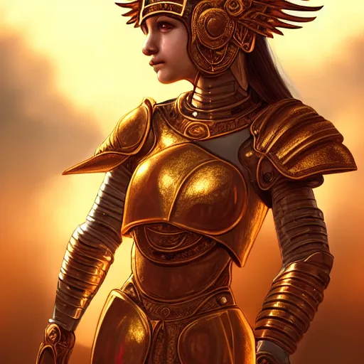 Image similar to An illustrationof a portrait of a young Knights of Zodiac girl, wings, golden & copper armor, fighting at ancinet Agora of Athens, ruins, Golden Light, illustration, art by WLOP, N I X E U and artgerm, volumetric light, lightrays, smoke, cinematic, intricate, hypermaximalist, super detailed