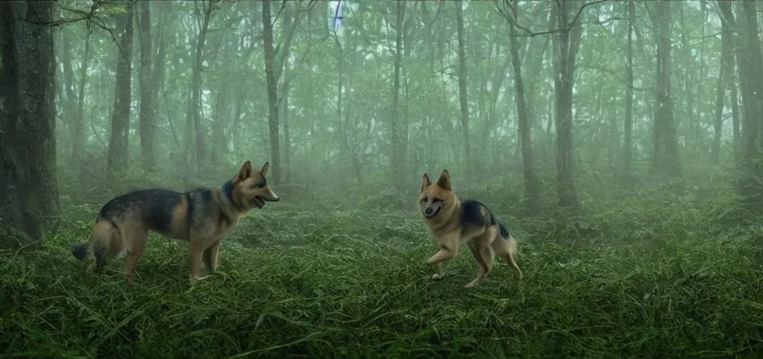 Prompt: a complex organic fractal 3 d metallic symbiotic ceramic humanoid megastructure shiba inu in a swampy lush forest, foggy, cinematic shot, photo still from movie by denis villeneuve