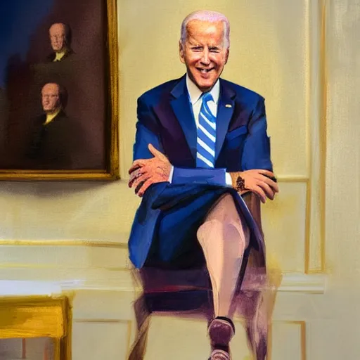 Prompt: Joe Biden in a room alone wearing a skirt, highly detailed, by Da Vinki