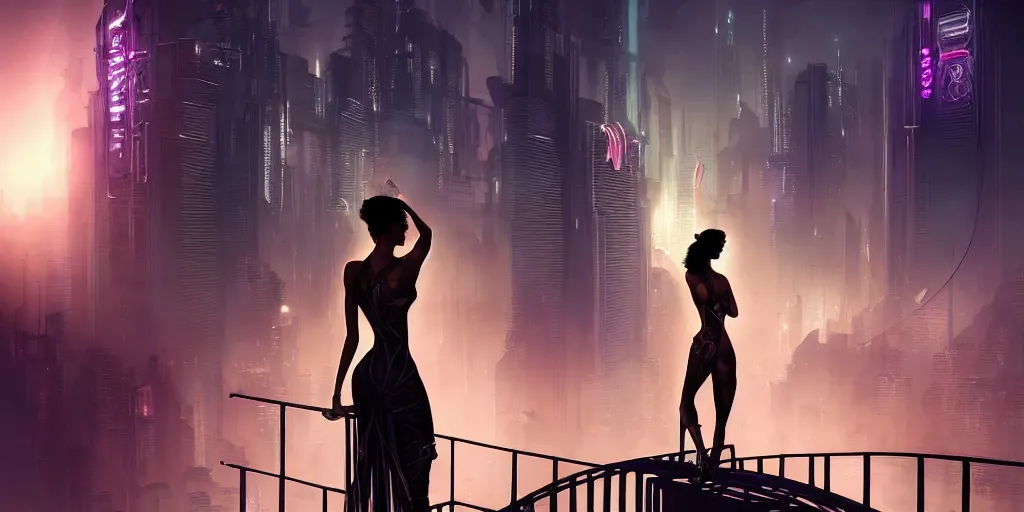 Prompt: silhouette of a woman standing on a bridge overlooking an axonometric cyberpunk city, by Rolf Armstrong and Evelyn De Morgan and Bastien Lecouffe-Deharme, dramatic lighting, high contrast colors, baroque, empyrean, panoramic view, as trending on Artstation, highly detailed, cryengine,