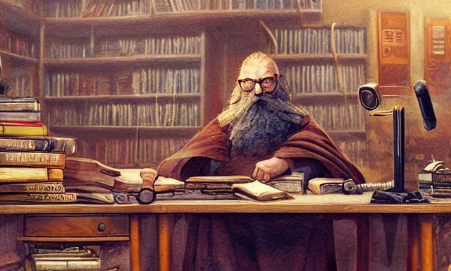 Prompt: A bearded wizard uses radio equipment at a desk cluttered with tomes, by Noah Bradley