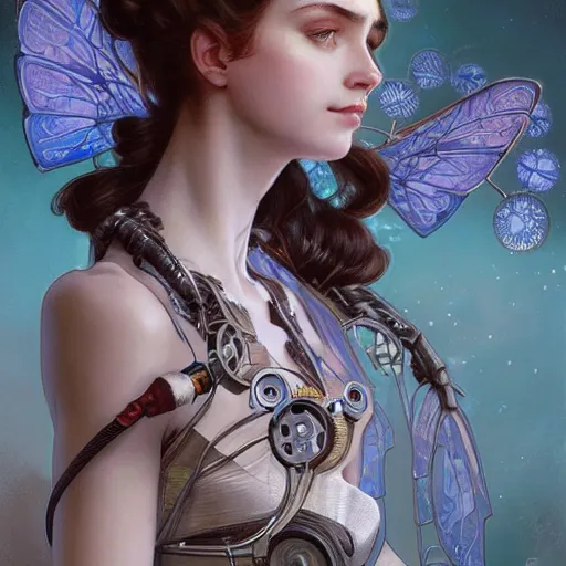 Prompt: portrait of a fairy with mechanical wings, wires and gears and machine, intricate, headshot, highly detailed, digital painting, artstation, concept art, sharp focus, cinematic lighting, illustration, art by artgerm and greg rutkowski, alphonse mucha, cgsociety