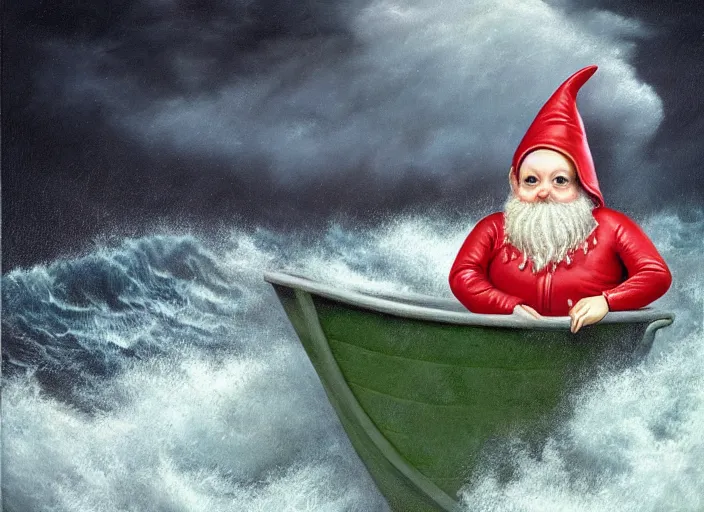 Image similar to a terrified garden gnome sailing in a bucket, background of raging ocean on a stormy with dramatic clouds, an ultrafine detailed painting by mark ryden, trending on deviantart, pop surrealism, whimsical, lowbrow, danger, perfect symmetrical face