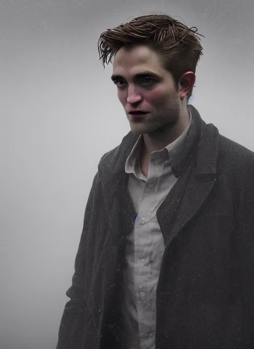 Image similar to robert pattinson in real life, face centered portrait of robert pattinson, confident, fog, rain, volumetric lighting, beautiful, golden hour, sharp focus, ultra detailed, cgsociety by leesha hannigan, ross tran, thierry doizon, kai carpenter, ignacio fernandez rios, noir art house, 4 k, 3 5 mm, fujifilm