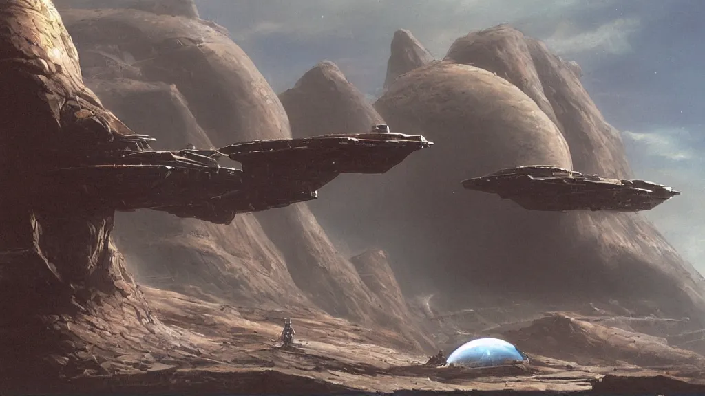 Image similar to small organic dropship lander by john schoenherr and jim burns, epic cinematic matte painting