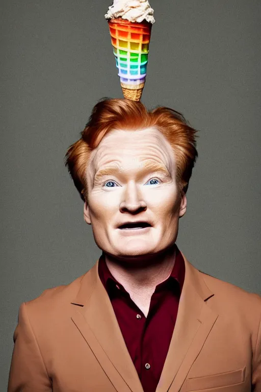 Image similar to 📷 conan o'brien the ice - cream cone 🍦, made of food, portrait still image, dynamic lighting, 4 k