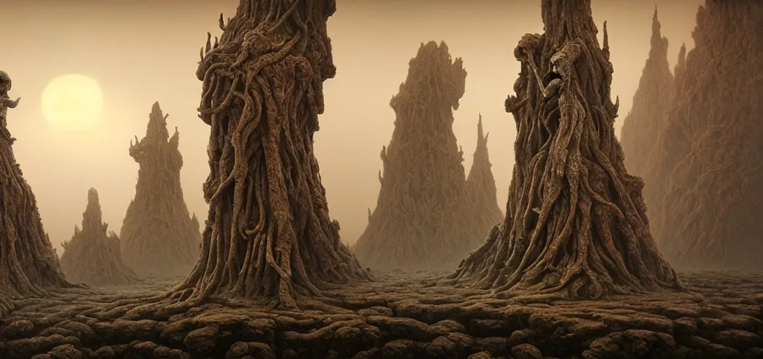 Prompt: alien landscape with eerie statues, painted by beksinski, 4 k, intricate details, unreal engine, dynamic lighting