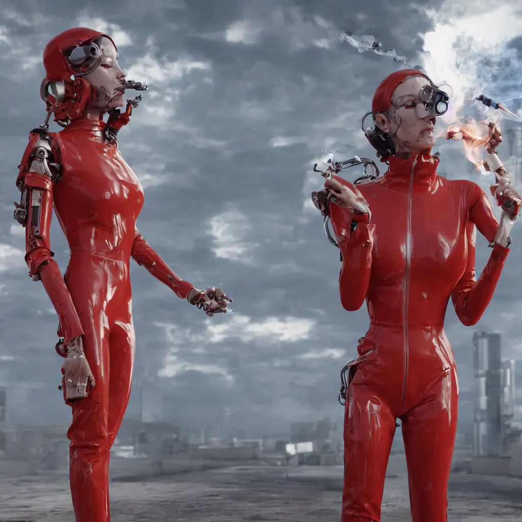 Prompt: a beautiful female cyborg is wearing a worn and ripped red latex jumpsuit, smoking a cigarette, as her mechanical body is slowly shutting down, and she is facing the end of her existence. hyper realistic, octane render, 8 k resolution, full profile, epic angle