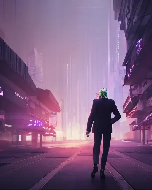 Prompt: a charismatic man in eagle costume walking in a cyberpunk city watching the purple sky, soft painting, futuristic, cyberpunk, perfectly shaded, octane render, illustration